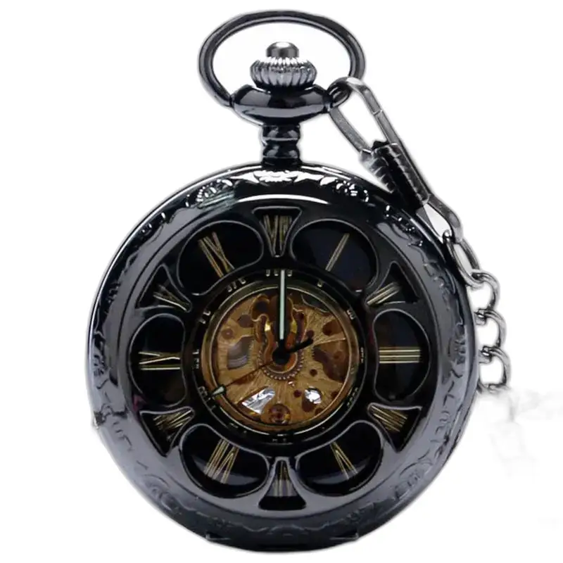 Demi Chasseur Mechanisch Chique zakhorloge met ketting en elegante zwarte wijzerplaat