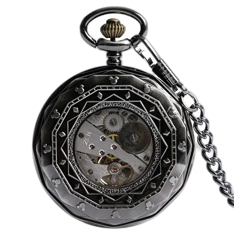 Zwart metalen zakhorloge met mechanisch uurwerk en zichtbare kettingen