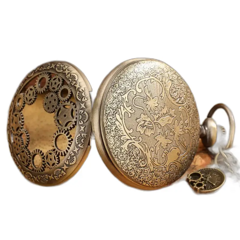 Dames kettinghorloge Steampunk quartz gestript wiel zilver sierlijk brons stokhorloge
