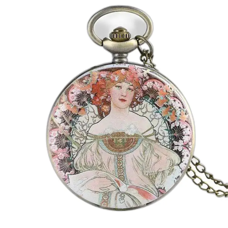 Kettinghorloge met bloemenhanger en transparante wijzerplaat, elegante art-nouveaustijl
