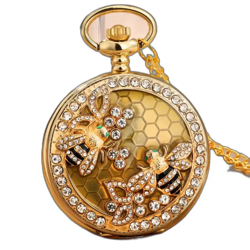 Chique gouden dameszakhorloge met bijen- en honingraatmotief in getint goud