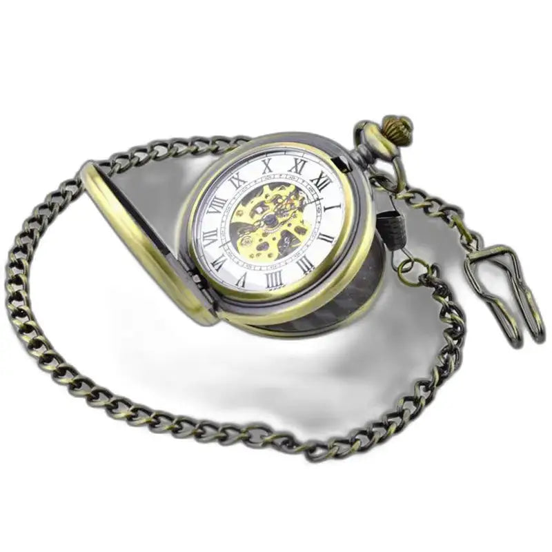 Montre Gousset Mécanique Luxe Noir Or avec chaîne dorée et design antique élégant