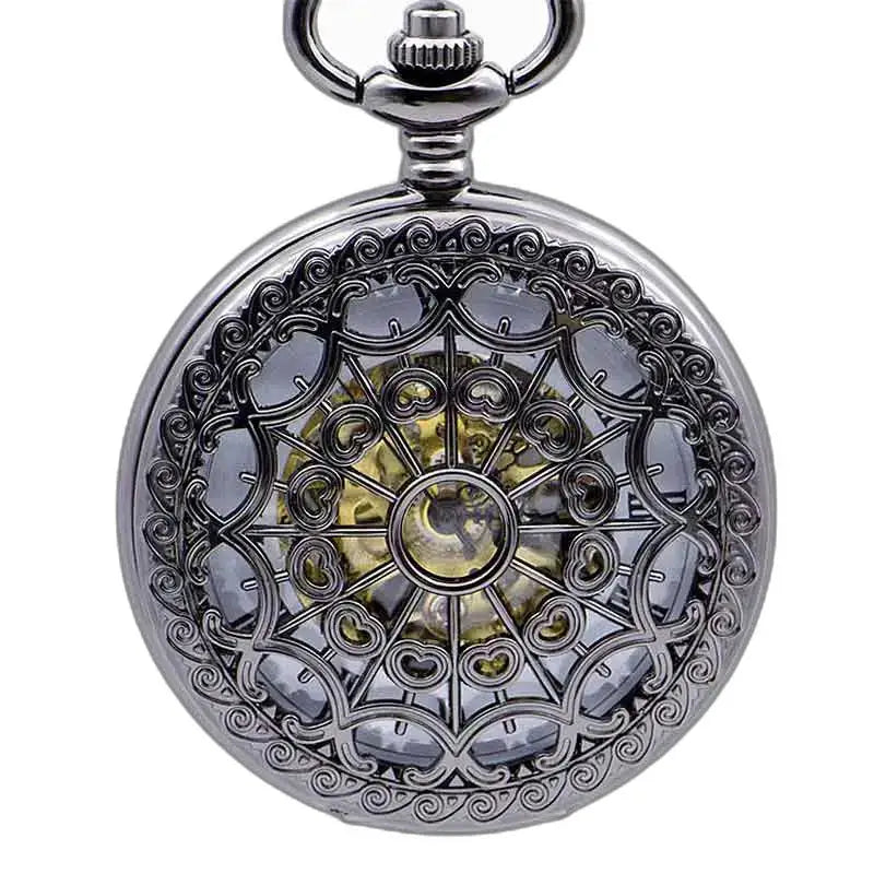 Steampunk nikkelzilveren zakhorloge met zichtbaar mechanisme in sierlijk zilver