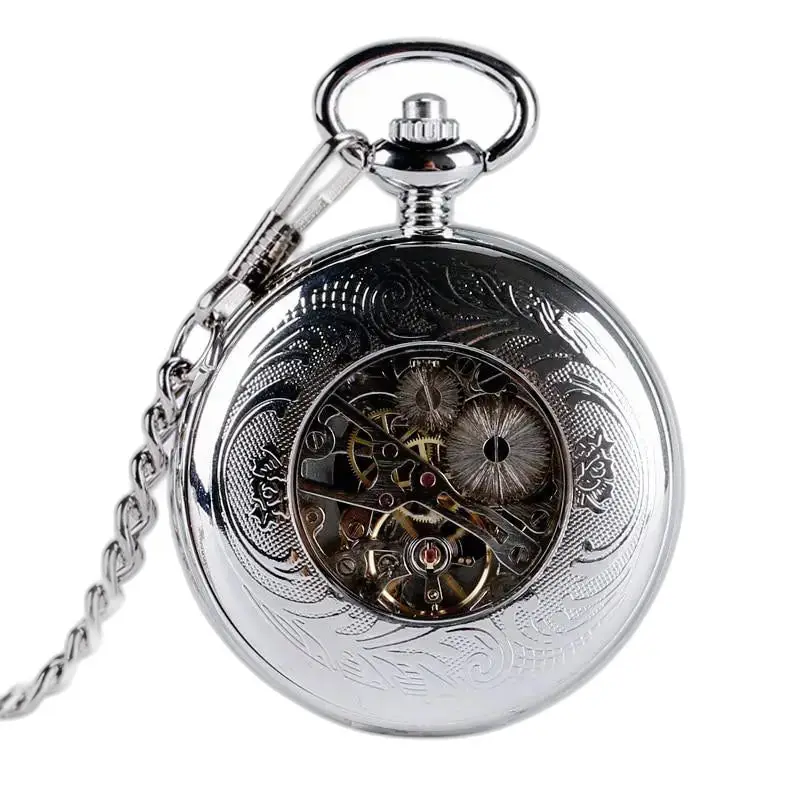 Prachtig zilveren mechanisch zakhorloge met zichtbare tandwielen en handmatige opwinding