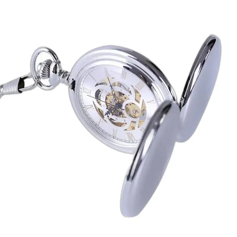 Chique zilveren mechanisch zakhorloge met dubbele klep