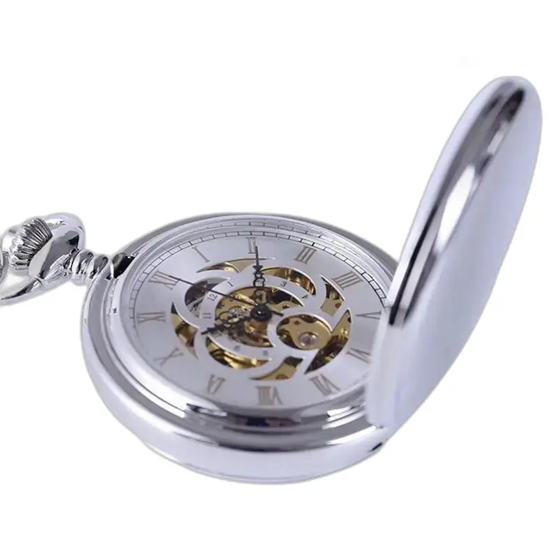 Chique zilveren mechanisch zakhorloge met dubbele klep