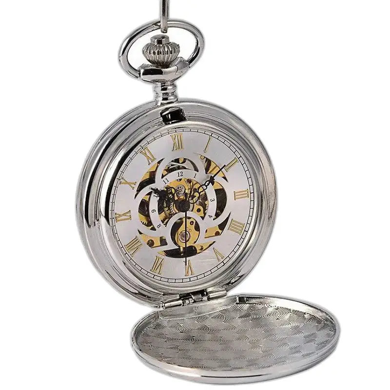 Chique zilveren mechanisch zakhorloge met dubbele klep