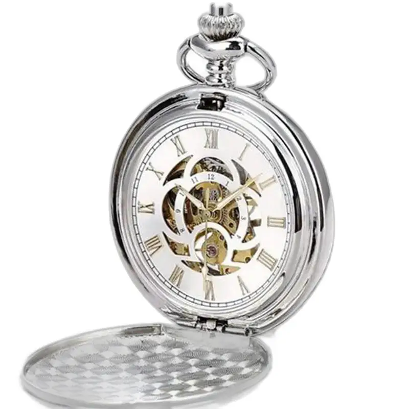 Chique zilveren mechanisch zakhorloge met dubbele klep