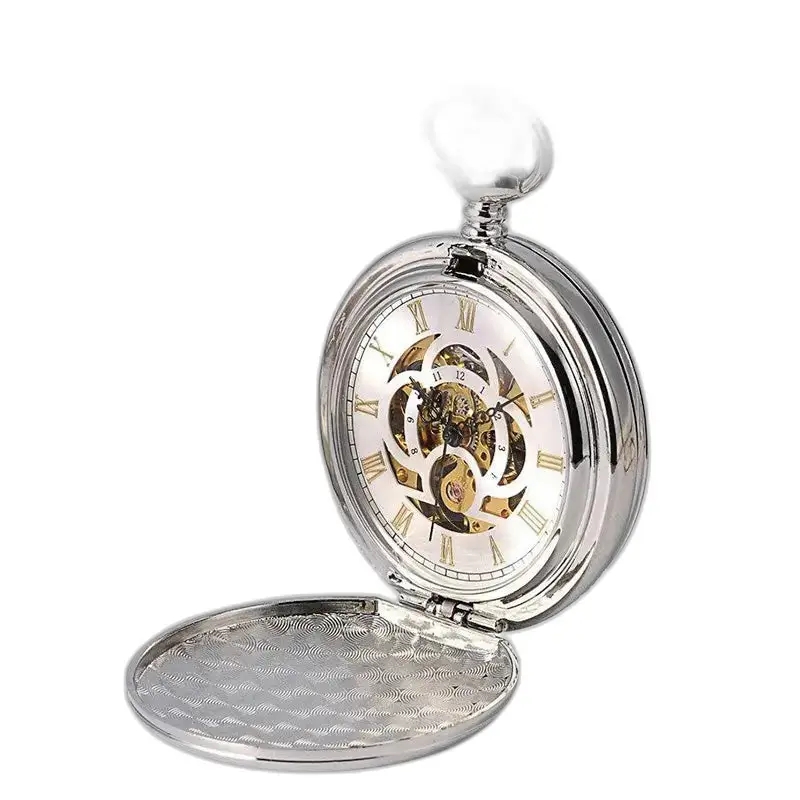 Chique zilveren mechanisch zakhorloge met dubbele klep