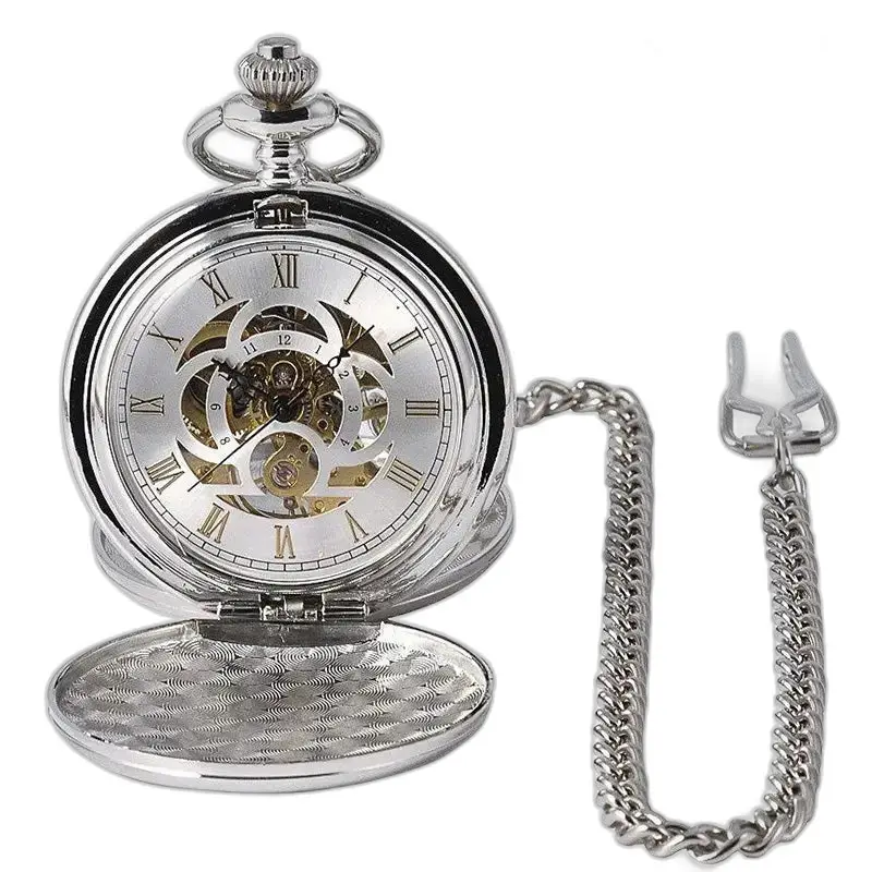 Chique zilveren mechanisch zakhorloge met dubbele klep