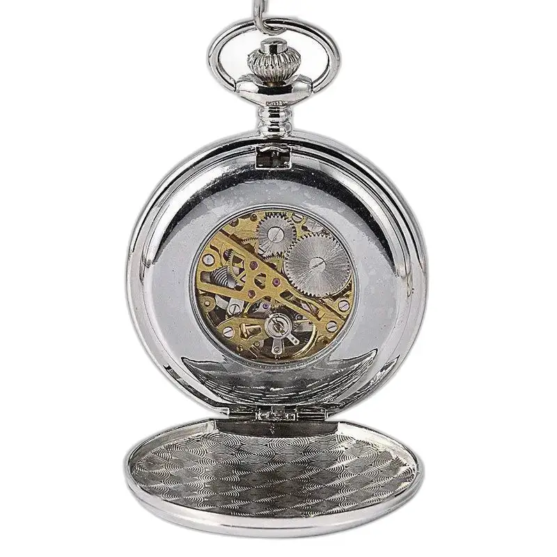 Chique zilveren mechanisch zakhorloge met dubbele klep