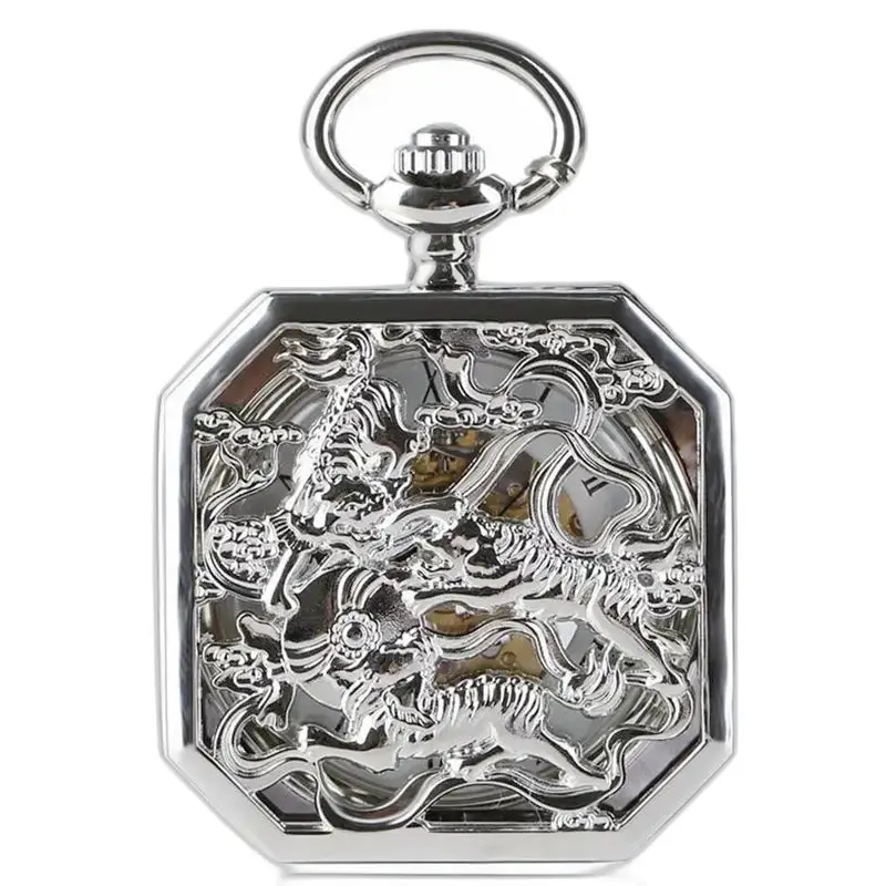 Luxe achthoekig mechanisch zilveren zakhorloge