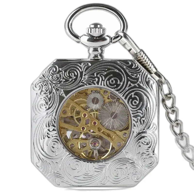 Luxe achthoekig mechanisch zilveren zakhorloge