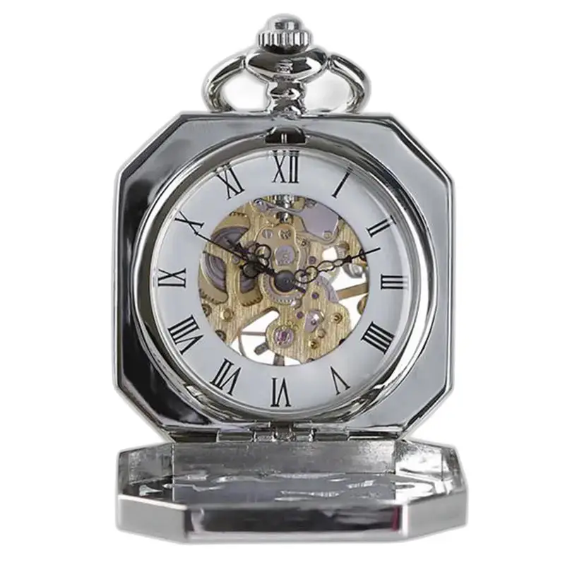 Luxe achthoekig mechanisch zilveren zakhorloge
