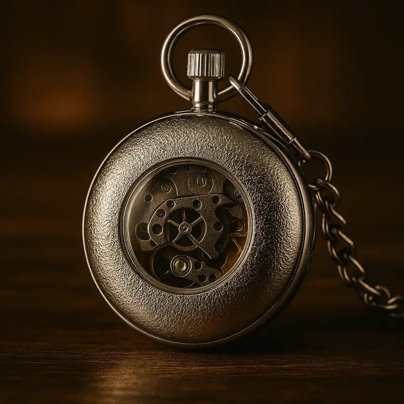 Zilver automatisch zakhorloge met zichtbaar mechanisme en vintage elegantie