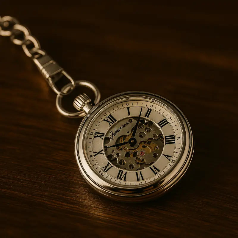 Zilveren automatisch zakhorloge met ketting, elegantie en verfijnd mechanisme