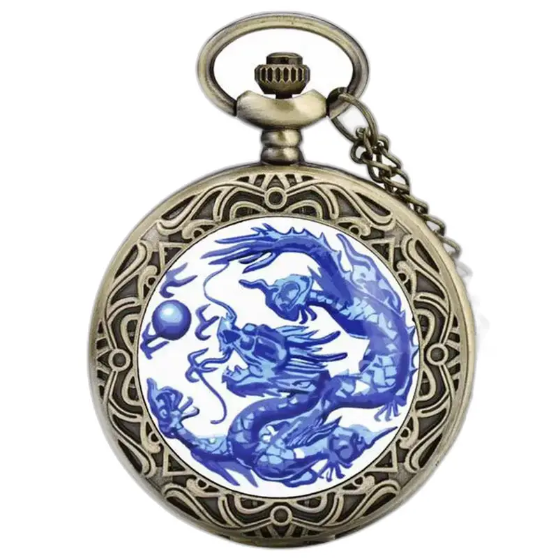 Vintage Blue Dragon ketting zakhorloge voor mannen en vrouwen