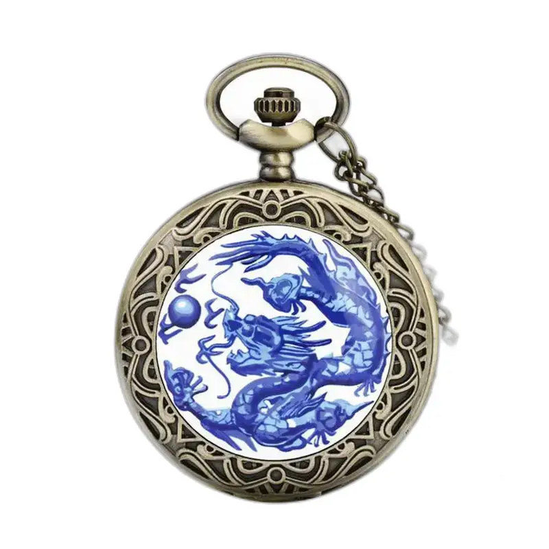 Vintage Blue Dragon ketting zakhorloge voor mannen en vrouwen