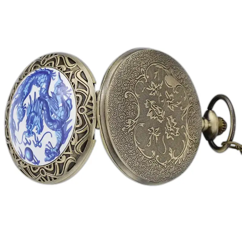 Vintage Blue Dragon ketting zakhorloge voor mannen en vrouwen
