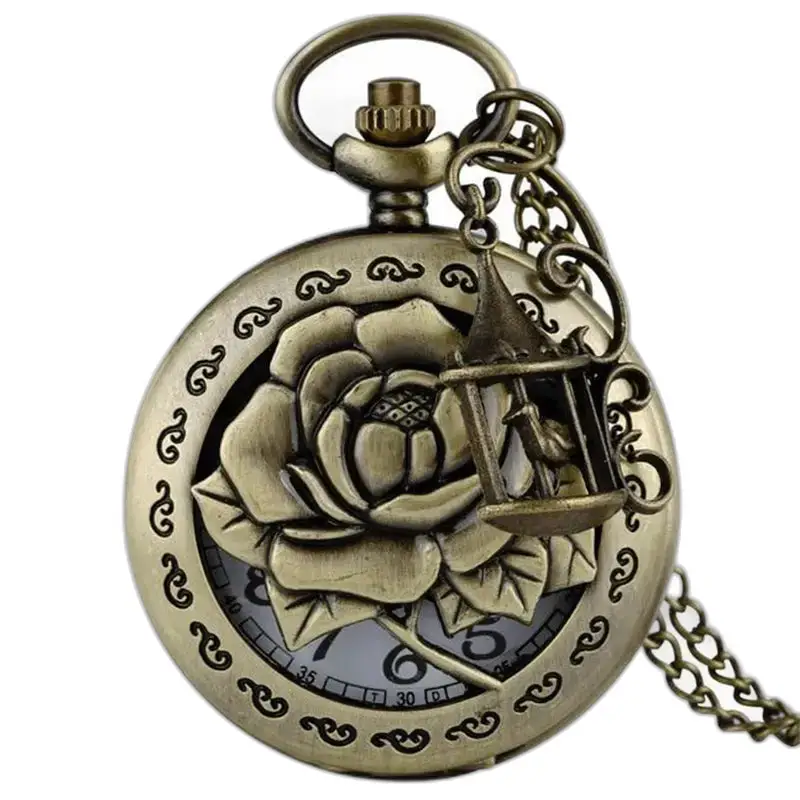 Vintage bloemen bronzen ketting zakhorloge - b