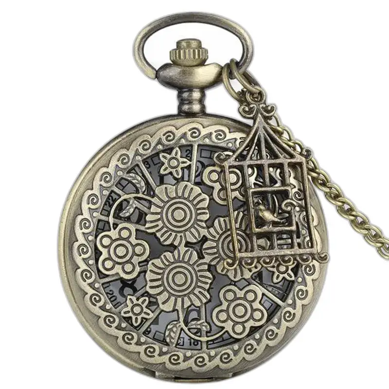 Vintage bronzen bloemen ketting zakhorloge - d