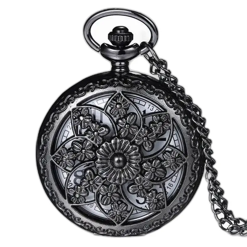 Zakhorloge ketting Japanse quartz bloem reliëf - zilver