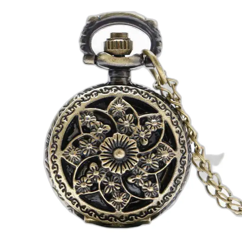 Japans zakhorloge met kwartsbloemreliëfketting - zwart