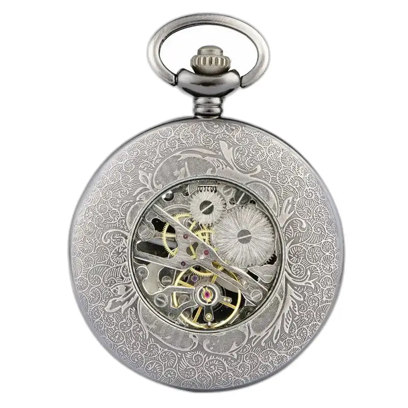 Prachtig koperen zakhorloge met zichtbare tandwielen en uitgewerkt patroon
