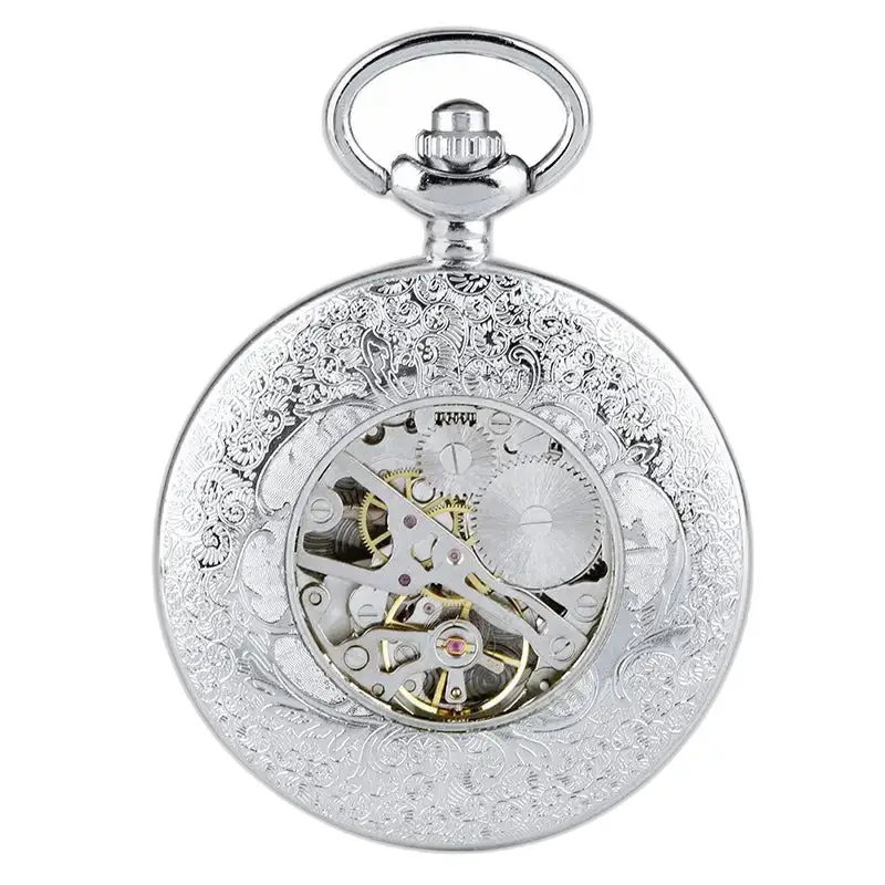 Prachtig koperen zakhorloge met elegante zilveren skeleton wijzerplaat