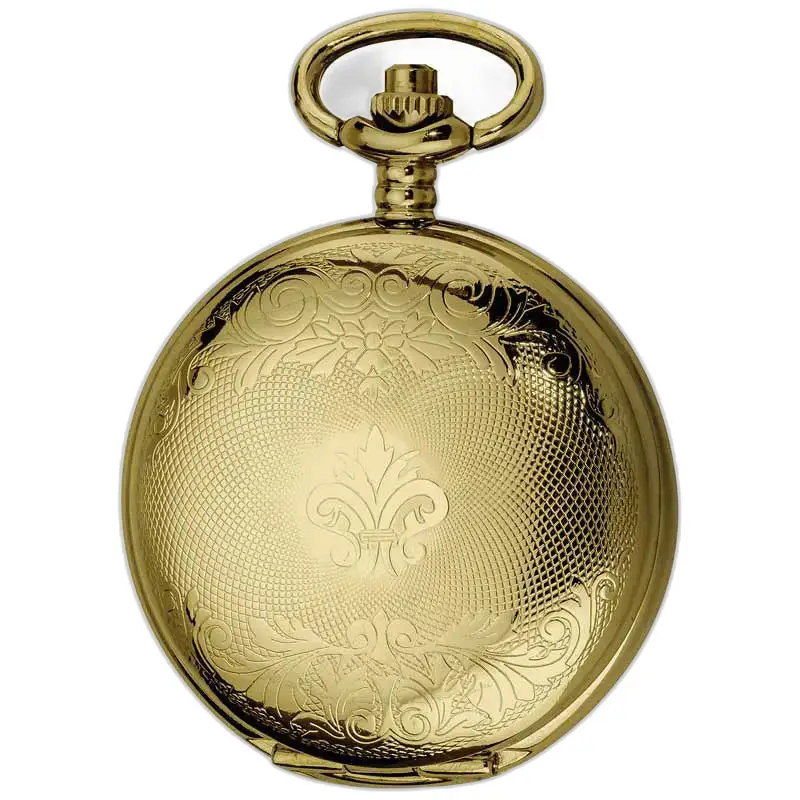 Gouden zakhorloge met bloemen- en fleur-de-lis-gravures in goudkleur