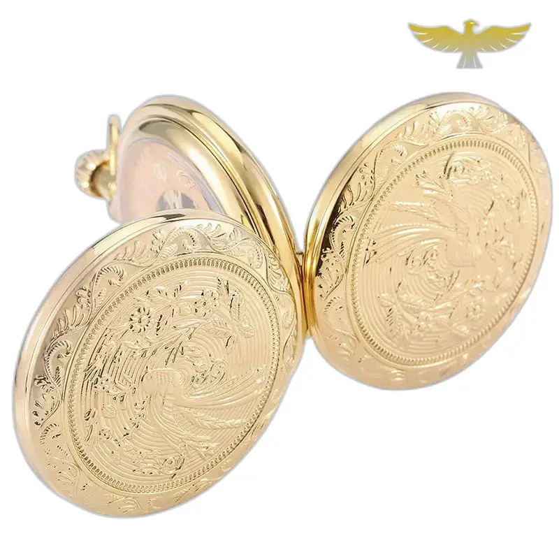 Elegant Gouden Luxe Dubbel Chasseur Zakhorloge met een verfijnd gouden design