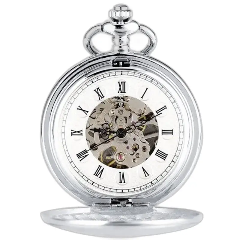 Modern Chic Double Flap zakhorloge met Romeinse cijfers op een zilveren achtergrond