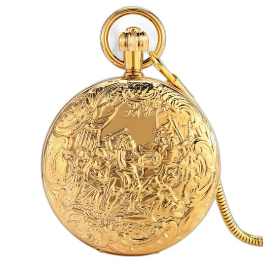 Luxe gouden zakhorloge met dubbele klep en een elegant goudkleurig ontwerp