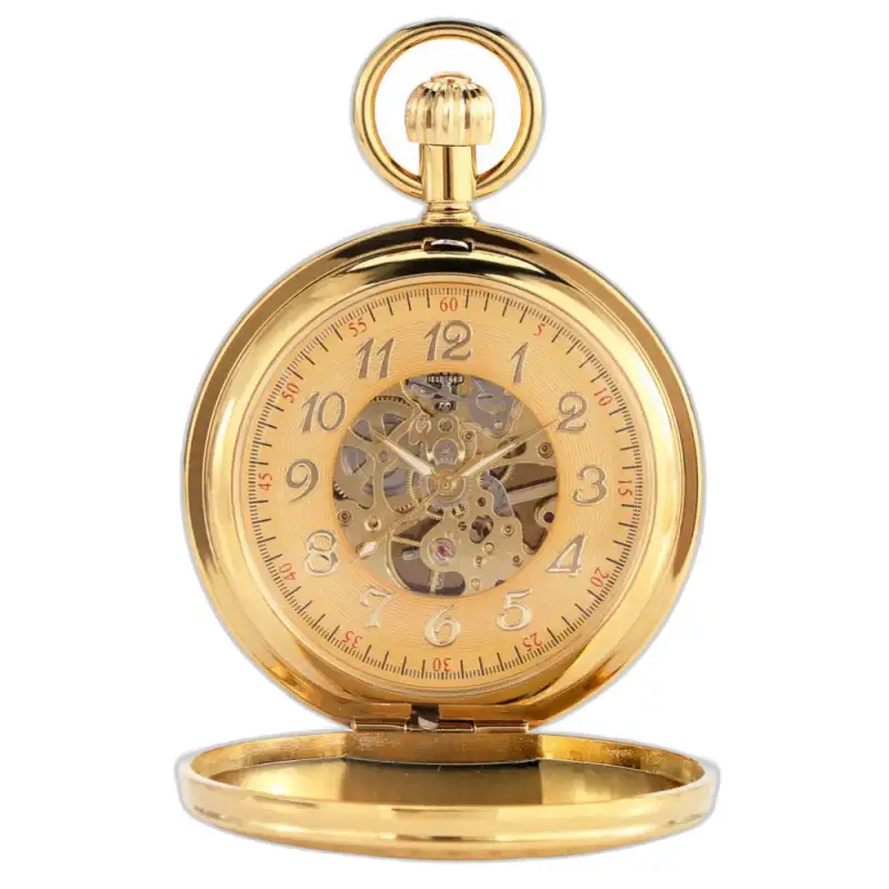 Luxe gouden zakhorloge met dubbele flap en elegante gouden kast