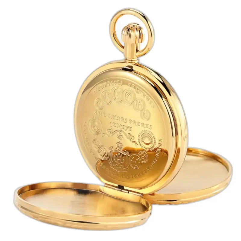 Luxe gouden zakhorloge met dubbele klep en een elegante open gouden wijzerplaat