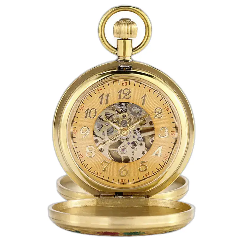 Gouden luxe dameszakhorloge met dubbele flappen en een prachtige gouden wijzerplaat