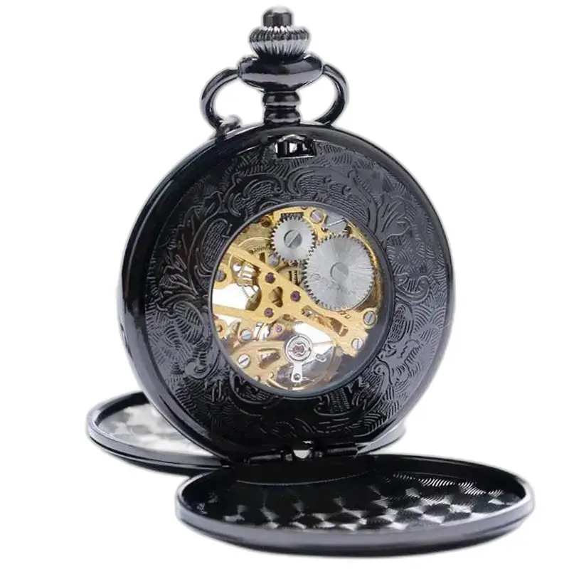 Zwart dubbel Demi Hunter zakhorloge, elegante zwarte mechanische chronometer