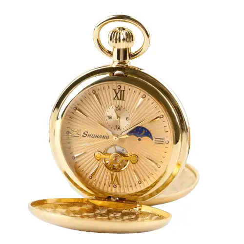 Luxe dubbel zakhorloge in goud met elegante maanfase