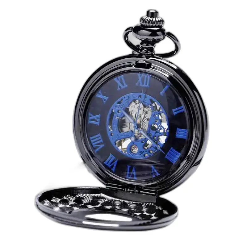 Stijlvol herenzakhorloge met blauwe Romeinse cijfers en uniek design
