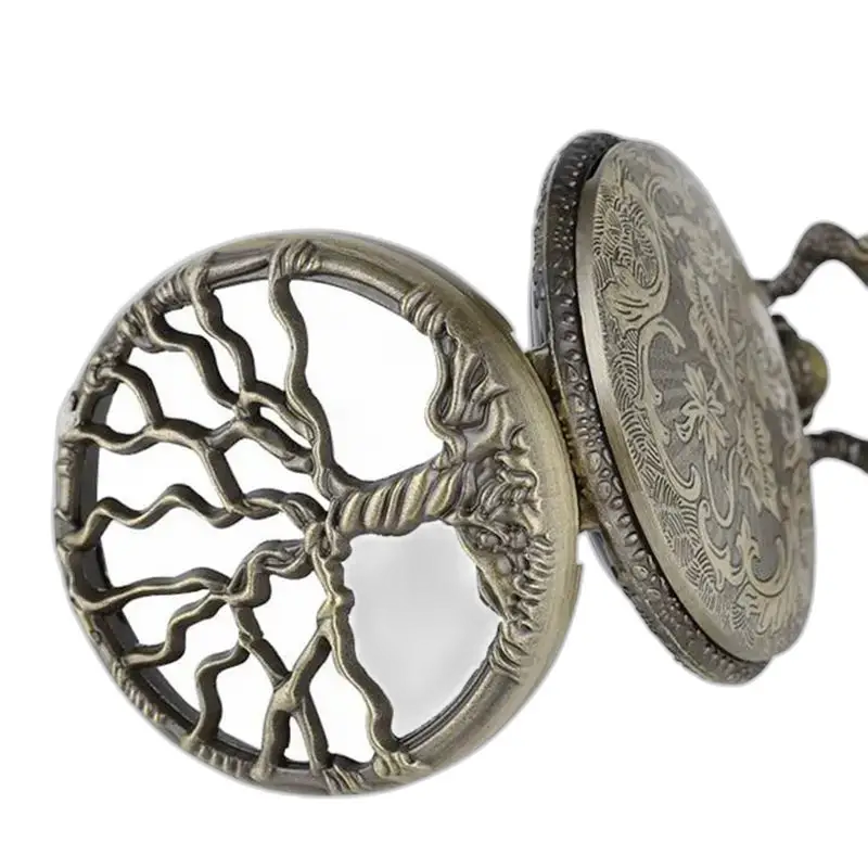 Dames vintage bronzen kettingzakhorloge met sierlijk levensboommotief