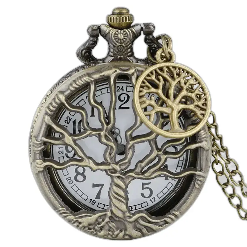 Vintage ketting dameszakhorloge met bronzen boommotief