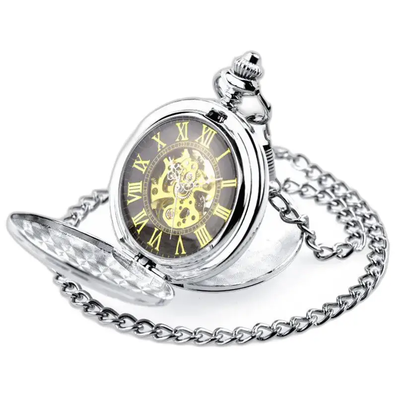 Zilverkleurig dameszakhorloge met dubbele klep en ketting, elegant en mechanisch