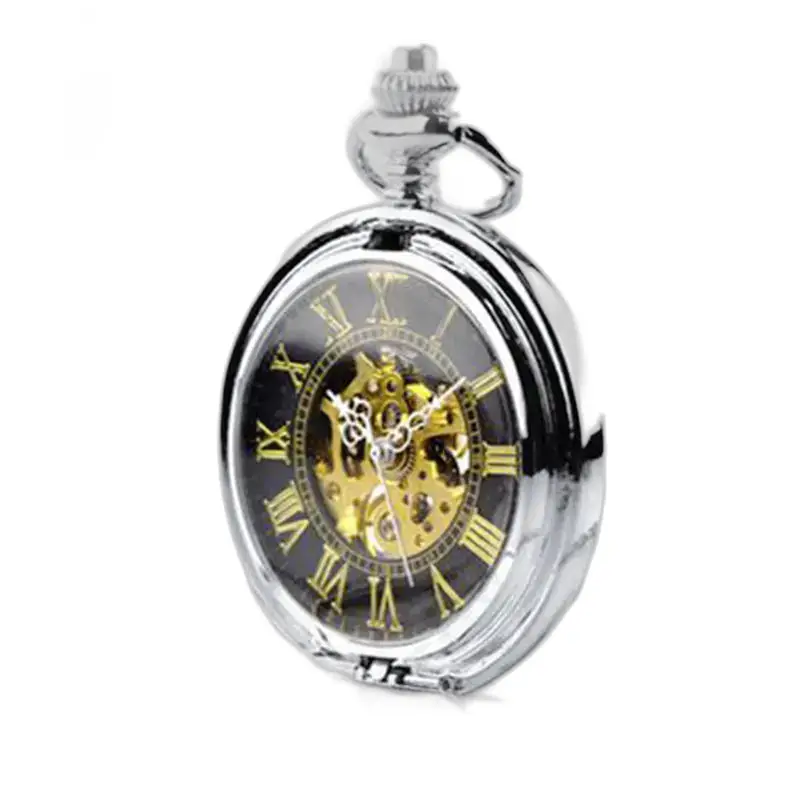 Zilverkleurig dameszakhorloge met dubbele flap, zichtbaar mechanisme en elegante afwerking