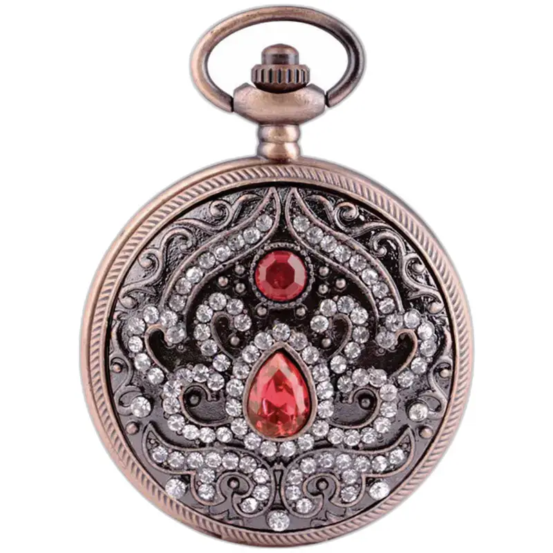 Elegant zakhorloge met witte wijzerplaat en smaragdgroene stenen in rood en helder