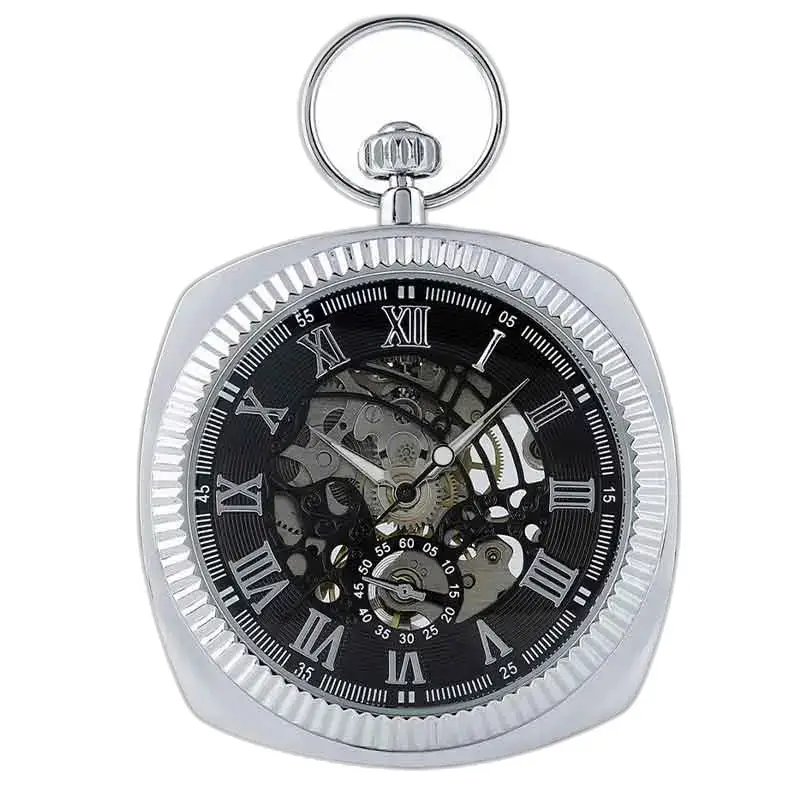 Chique zilveren herenzakhorloge, elegant mechanisch opwindbaar zakhorloge in zilver