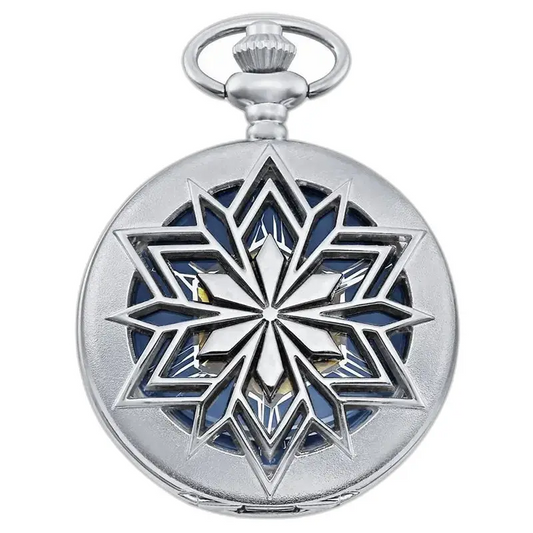 Modern zilveren herenzakhorloge met clipsluiting en zilver sneeuwvlokpatroon