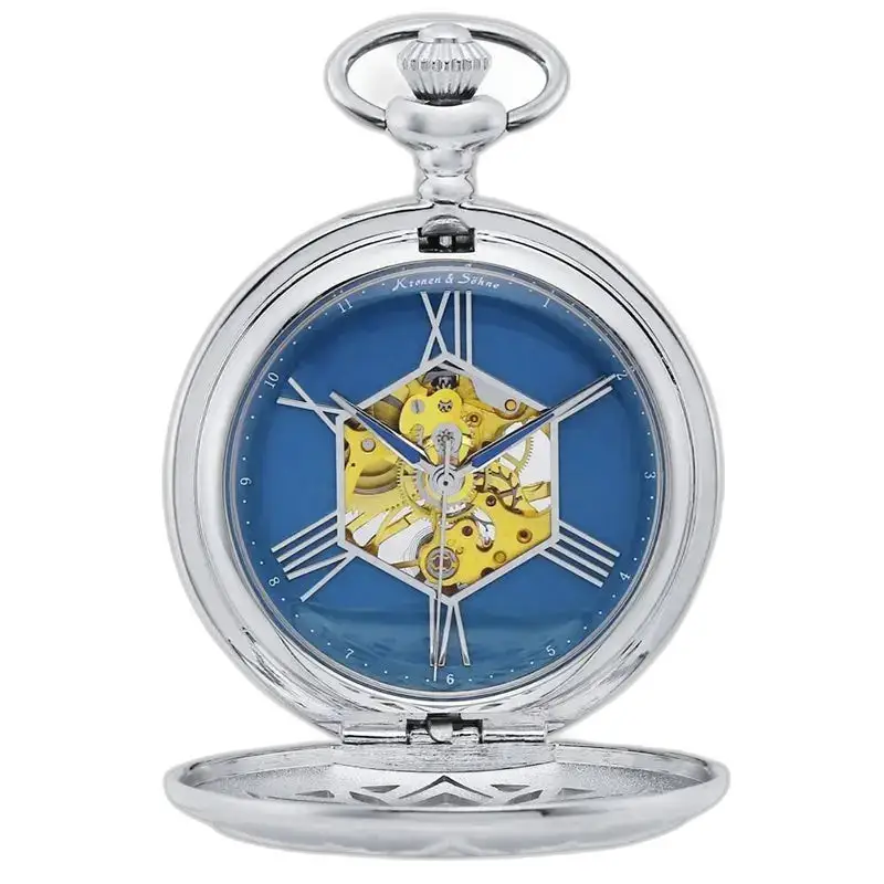 Modern zilveren herenzakhorloge met blauwe wijzerplaat en clipsluiting
