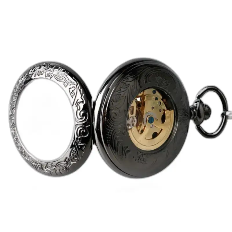 Steampunk zwart iridium automatisch zakhorloge met een sierlijk zwart ontwerp