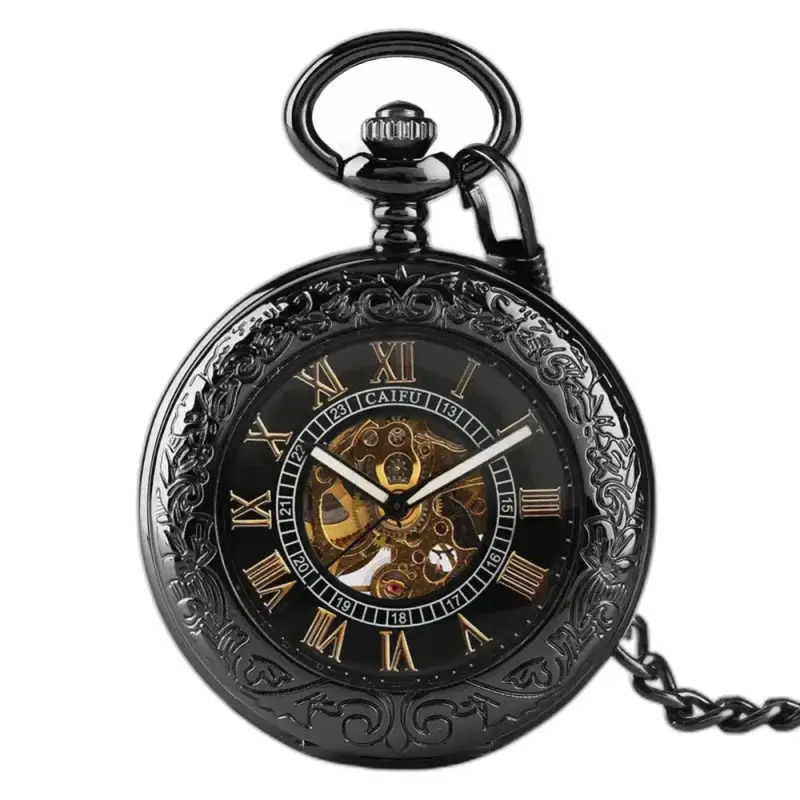 Zwart Steampunk Iridium automatisch zakhorloge in verfijnd iridiumzakje