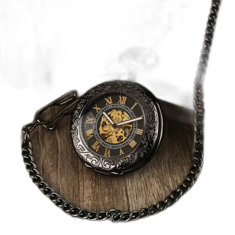 Zwart Steampunk Iridium automatisch zakhorloge met ketting, automatisch iridium zakmodel